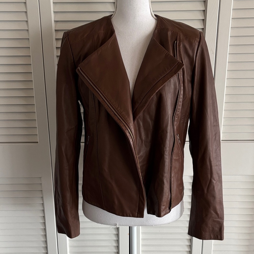 Cole Haan Lambskin Leather Moto Assymetrical Zip Jacket Brown Women’s Size M